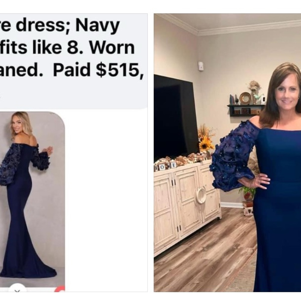 Terani Couture Blue Off-Shoulder Gown with Bishop Sleeves